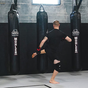 martial artist kicking bags